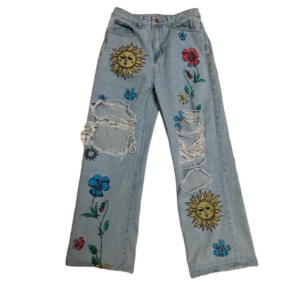 Shein Blue Jeans Distressed Sun & Floral Painted Denim Womens Size 4